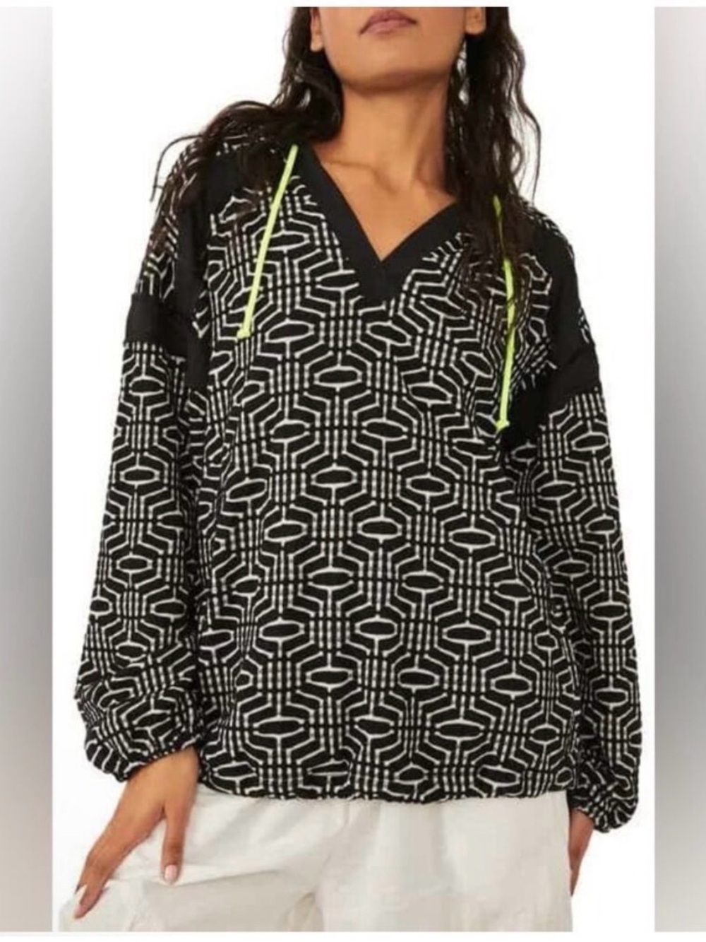 Black Geometric V-Neck Pullover Top with Neon Accents